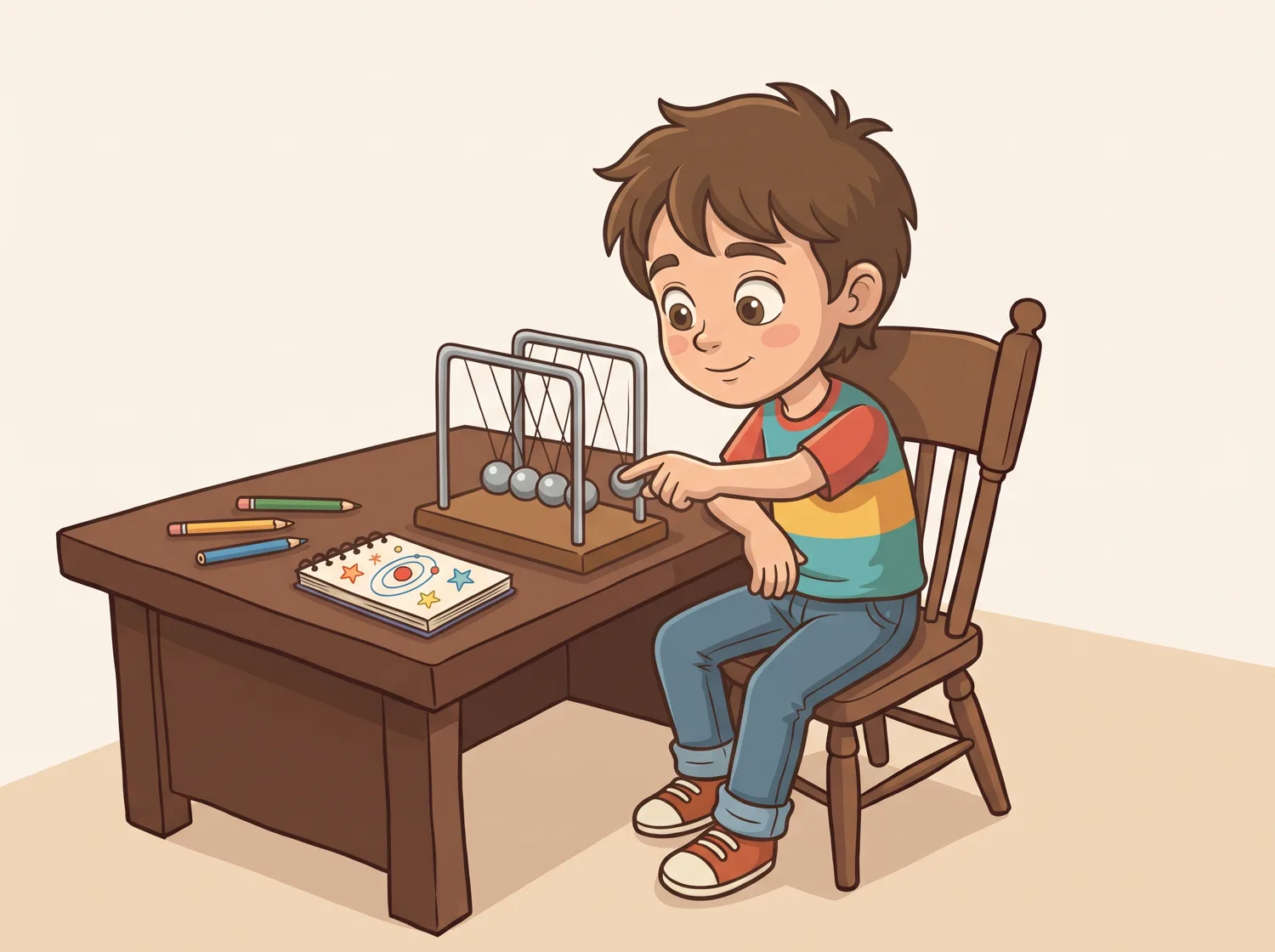 Ilustração de uma criança brincando com um pêndulo de Newton