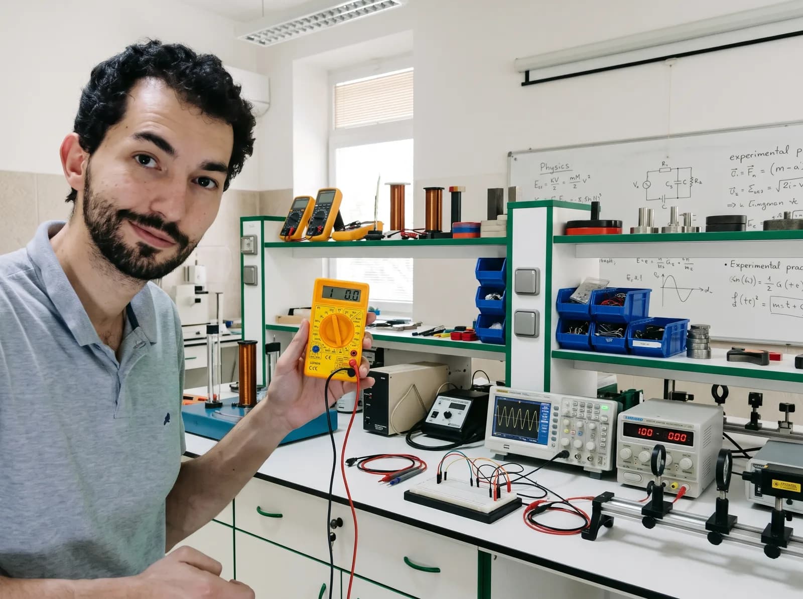 Prof. Ivan Guilhon no laboratório com um multímetro