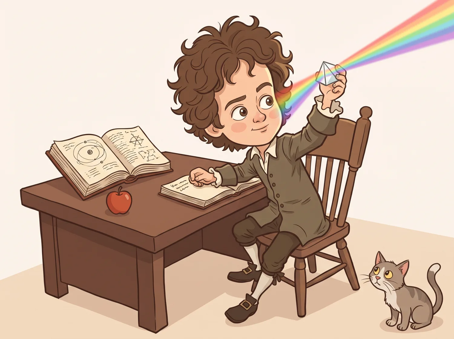 Ilustração do jovem Newton decompondo a luz com um prisma